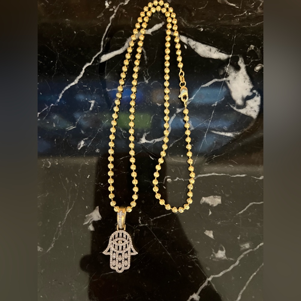 14K Solid Gold Ball Necklace & Diamond Hamsa Necklace